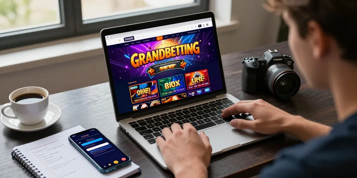 Interactive scene showcasing Grandbetting online gaming experience with user engaged on laptop.