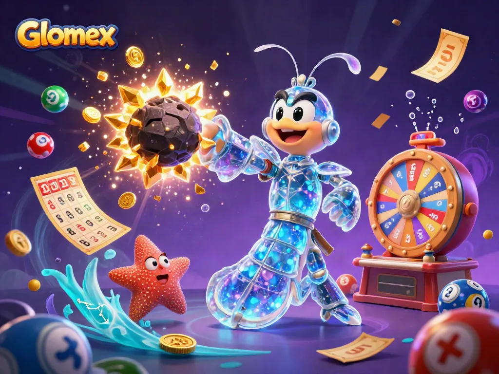 Engaging Glomex illustration of a cartoon shrimp and starfish celebrating a jackpot with vibrant casino elements.