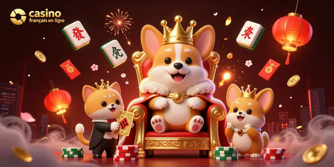 Vivez l'excitation du casino francais en ligne avec un corgi royal, une présentation de jeu de cartes et des éléments festifs.