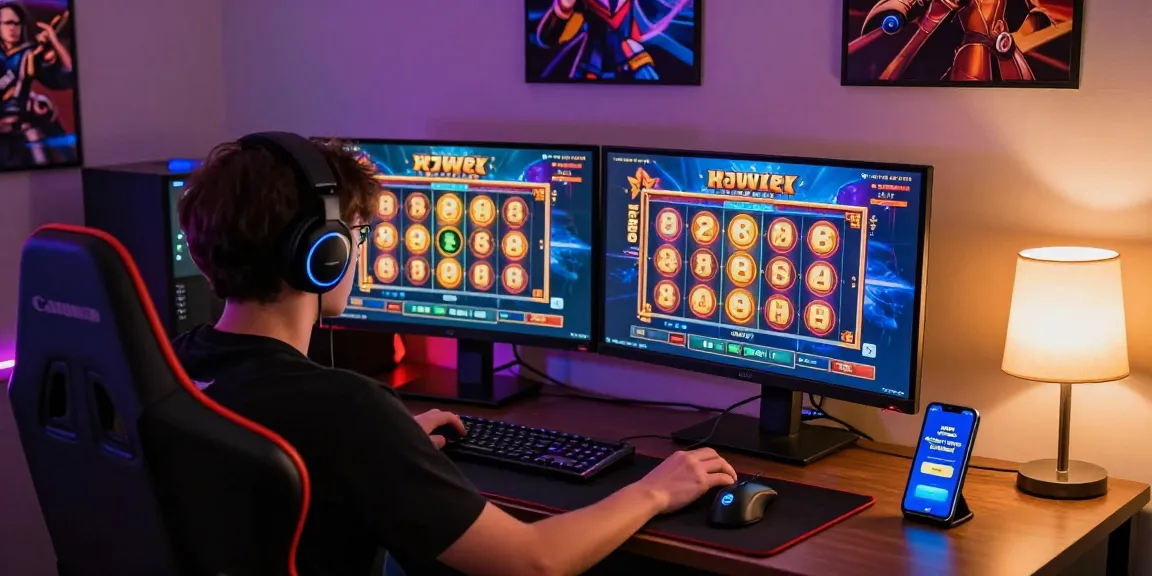 Player engaged in exciting slot game featuring deposit tanpa minimal options at a vibrant gaming setup.