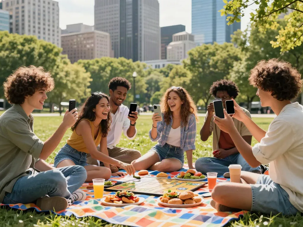 Friends enjoying a picnic in the park, showcasing vibrant a80 lifestyle activities in an urban setting.