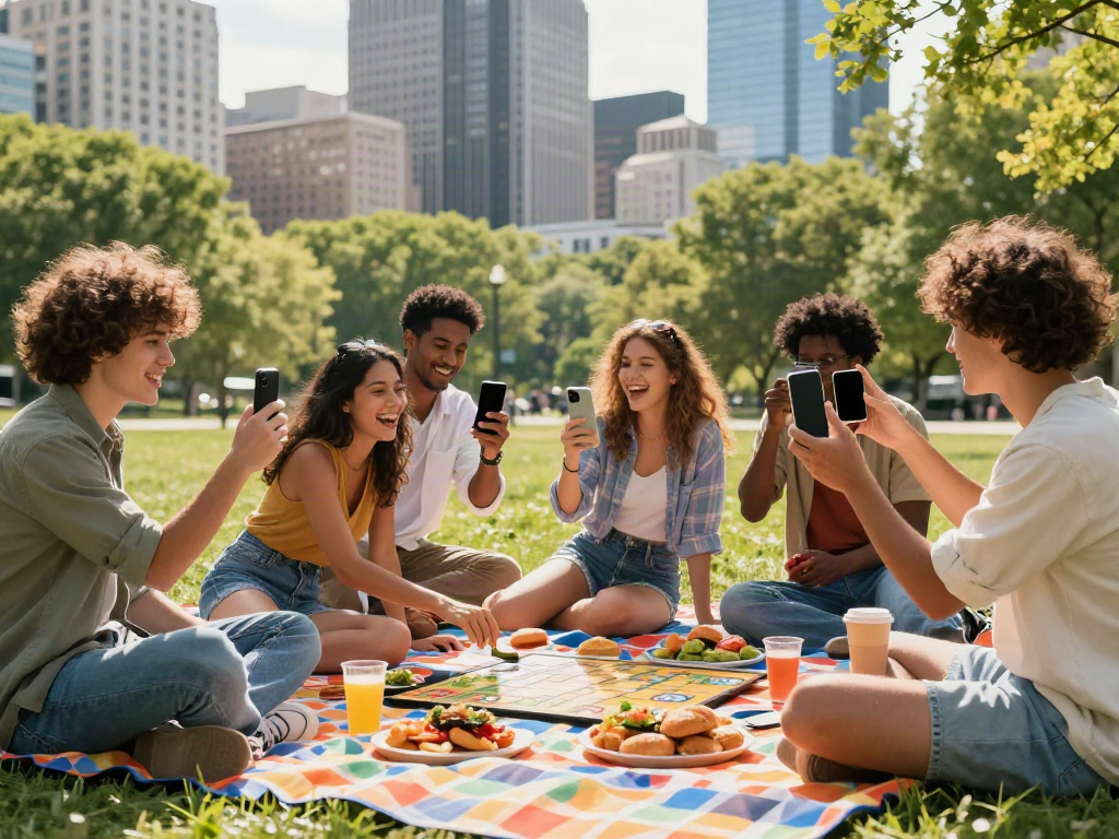 Friends enjoying a picnic in the park, showcasing vibrant a80 lifestyle activities in an urban setting.