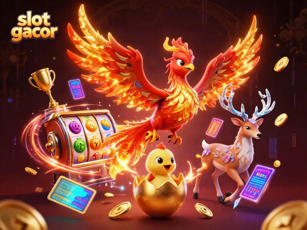 Menangkan slot gacor dengan ilustrasi 3D yang menampilkan phoenix, telurnya, dan elemen kasino.