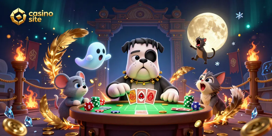 Join the action at this vibrant casino site with a bulldog dealing cards and captivating elements.