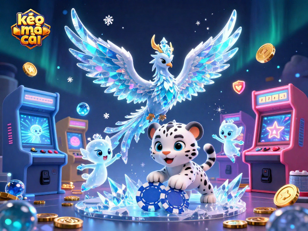 Engage in the kèo nhà cái experience with an ice phoenix and vibrant gaming elements in a dazzling casino setting.