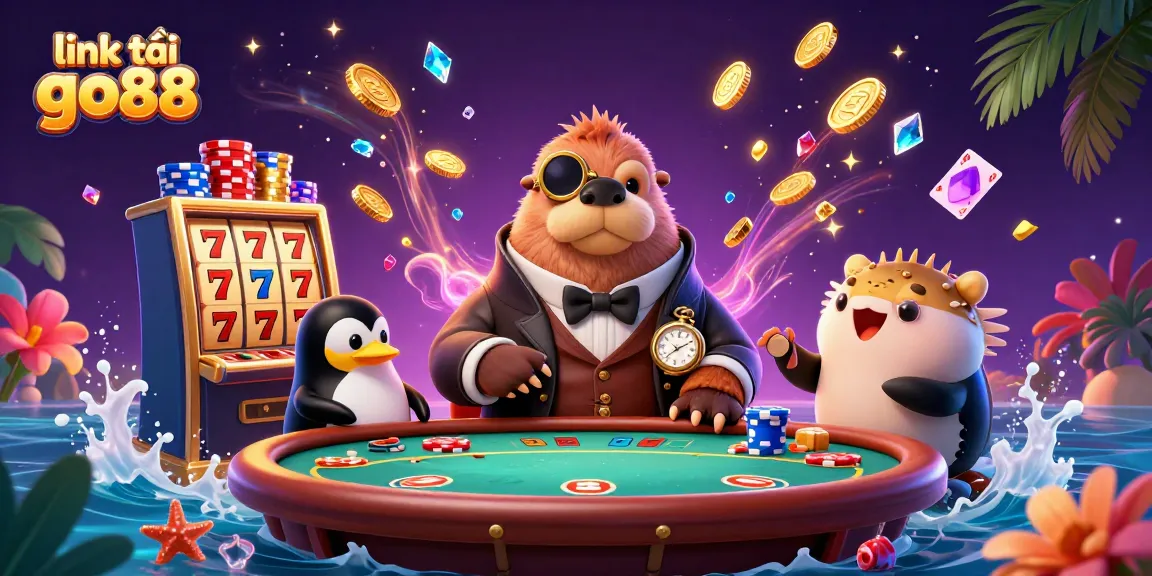 Engage with link tải go88 in this vibrant casino scene showcasing joyful characters celebrating with jackpot bonuses.