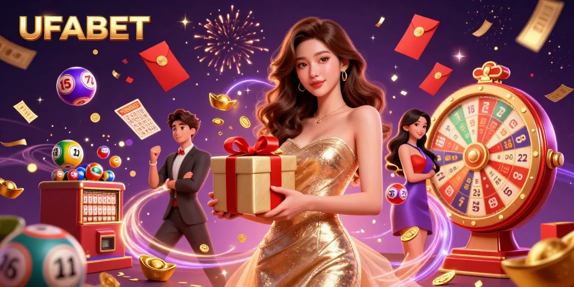 Play exciting games at UFABET with vibrant lottery balls and a festive casino atmosphere.