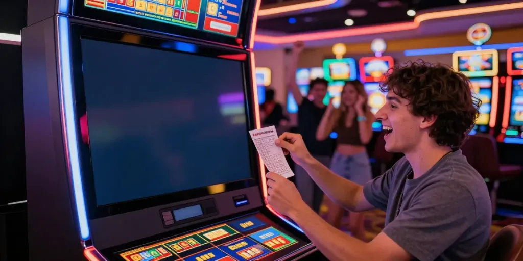 unsurtoto winner celebrating at a digital lottery terminal in a colorful casino