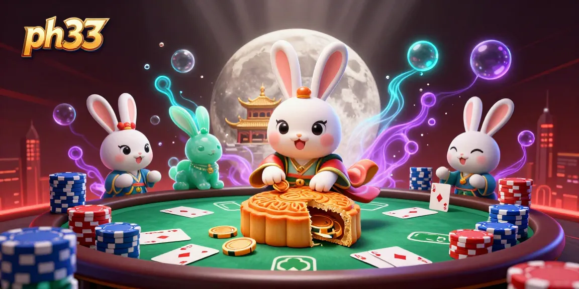 Engage with ph33 by enjoying a vibrant 3D casino scene featuring a moon rabbit and poker elements.