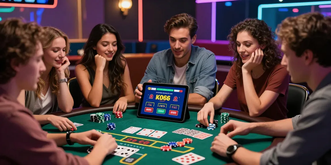 Friends enjoying the KO66 app at a colorful casino table filled with chips and cards.