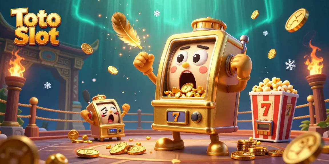 Toto Slot jackpot celebration with a golden slot machine and cheering mini slots in a vibrant casino scene.