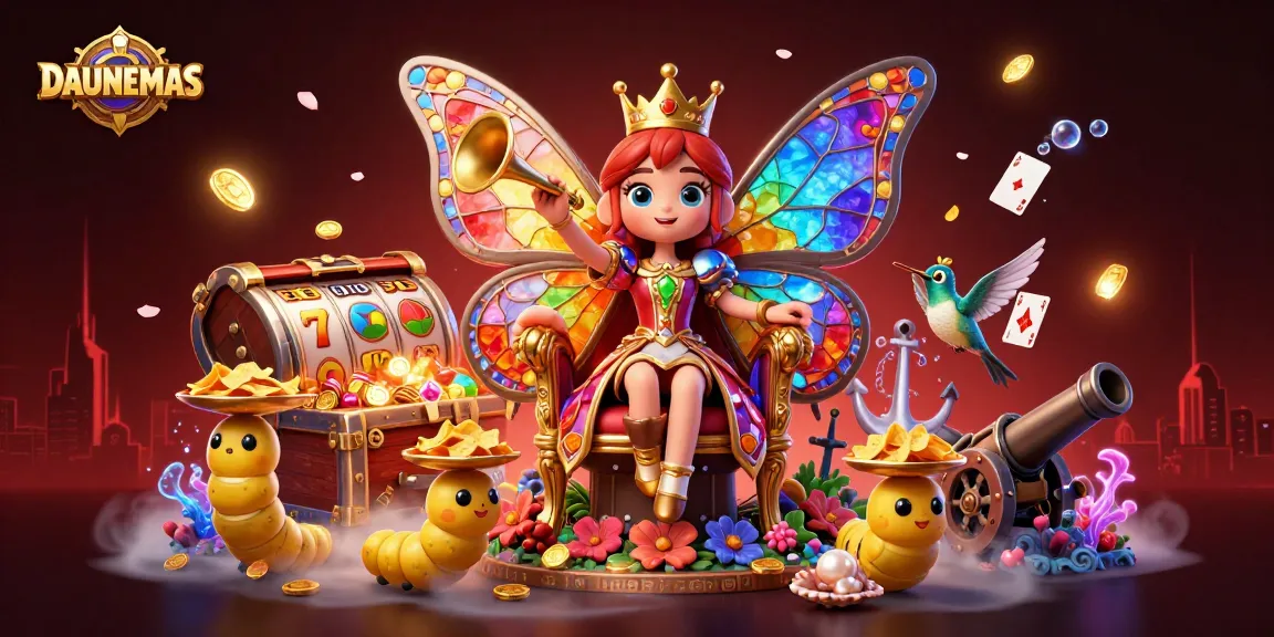 Engage with the vibrant world of DAUNEMAS featuring a butterfly queen surrounded by slot reels and golden treasures.