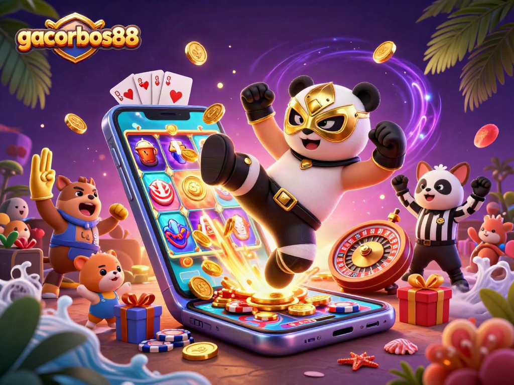 Engage with gacorbos88 through an energetic scene featuring a panda wrestler, lively game elements, and vibrant audiences.