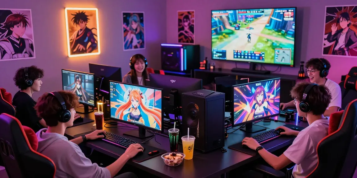 Group enjoying a hentai game experience in a vibrant gaming lounge.
