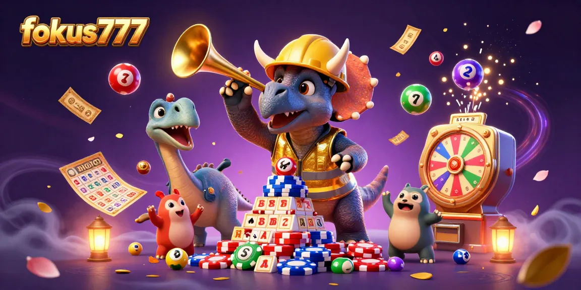 Experience the fun with fokus777, featuring a triceratops stacking poker chips and celebrating with lottery elements.