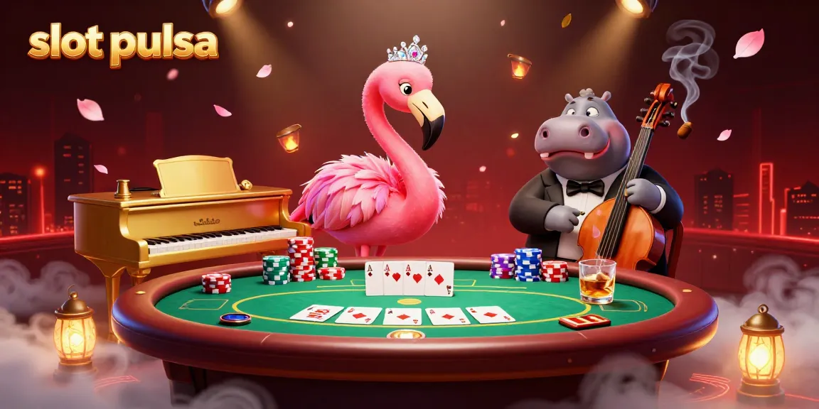 Winning at slot pulsa with vibrant casino characters in a lively illustration packed with detail.