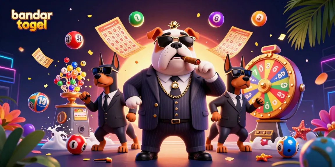 Engaging 3D scene showcasing bandar togel with dynamic lottery elements, mafia boss bulldog, and guard Dobermans.
