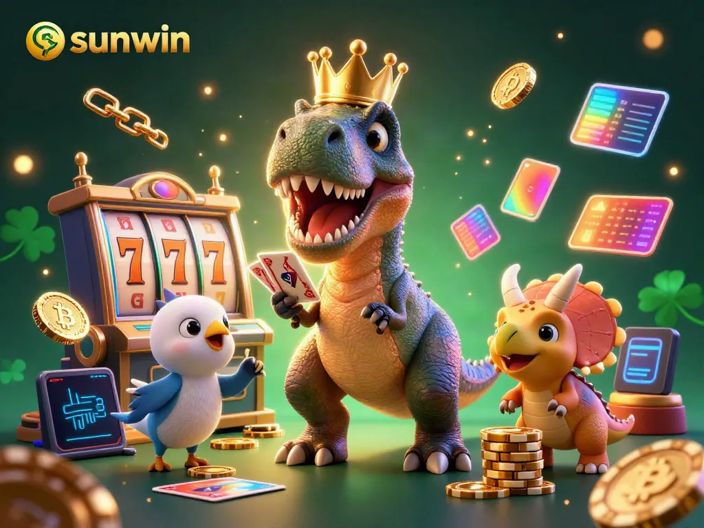 Experience sunwin's vibrant casino world with a friendly dinosaur and friends, featuring dynamic slot games.