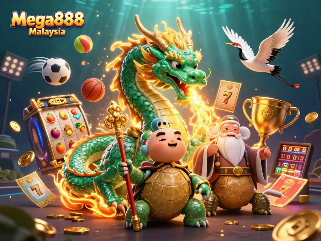 Mega888 Malaysia presents a vibrant scene with a jade dragon, turtle sage, and lucky cranes amongst exciting slot game elements.