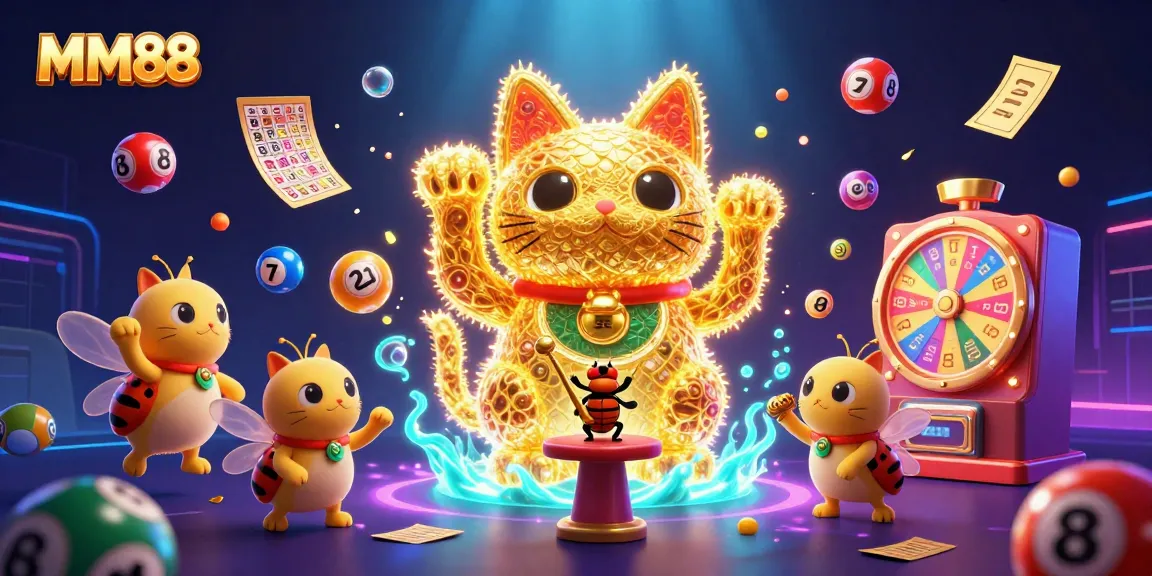 Experience the excitement of MM88 with an illustration featuring a giant lucky cat and casino symbols.