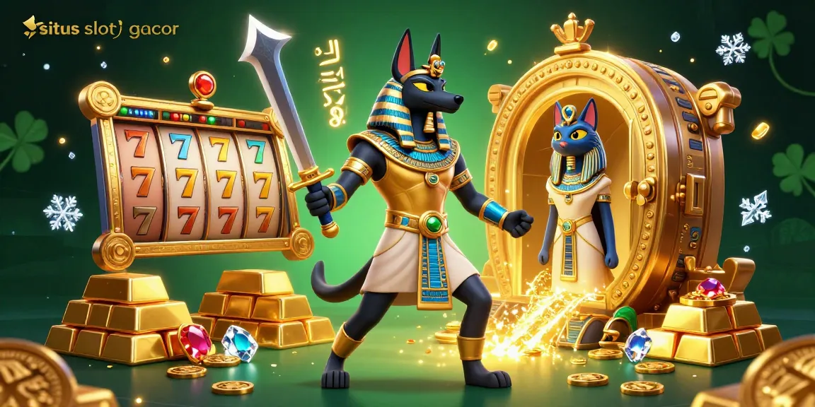 Spin and win with situs slot gacor featuring Anubis and Bastet in a rich casino setting.