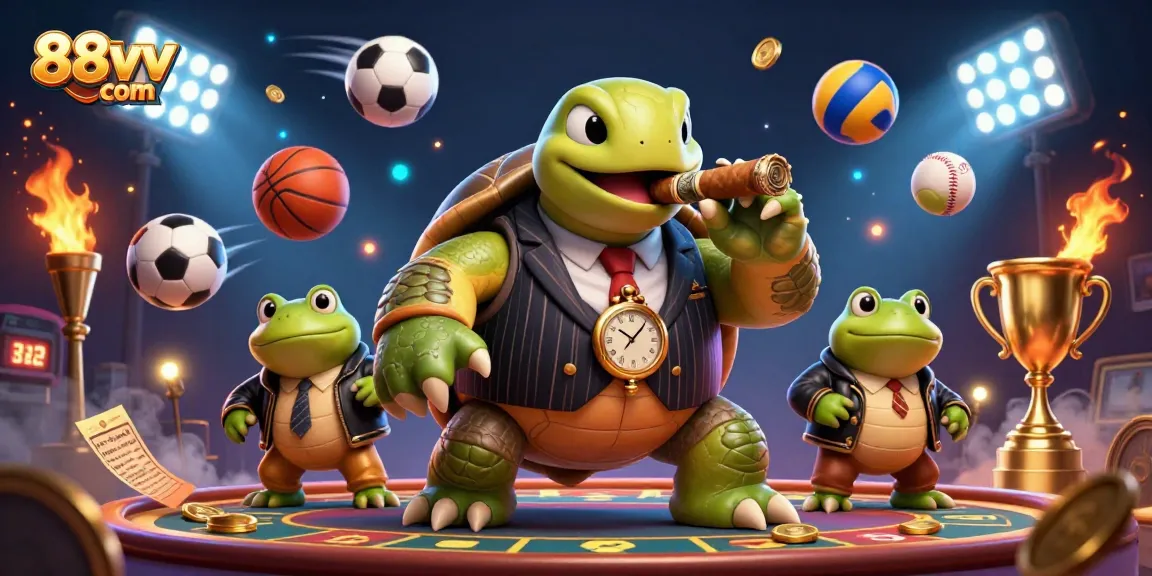 Watch the 88vv com mascot turtle with bullfrog enforcers enjoying a lively casino atmosphere.