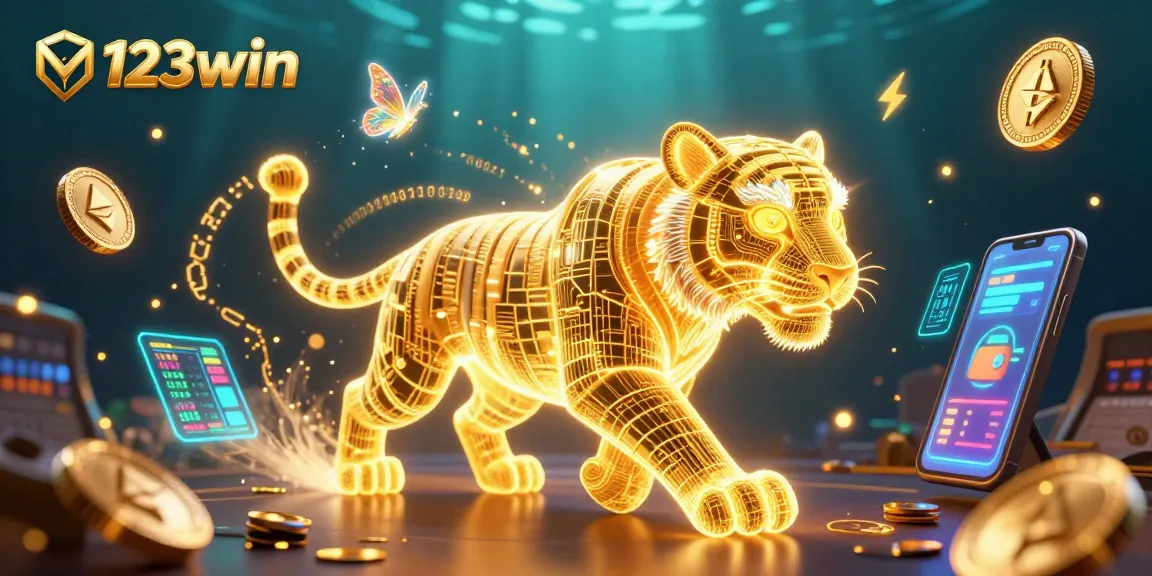 Experience thrilling wins at 123win with a vibrant digital casino featuring glowing coins and a majestic tiger.