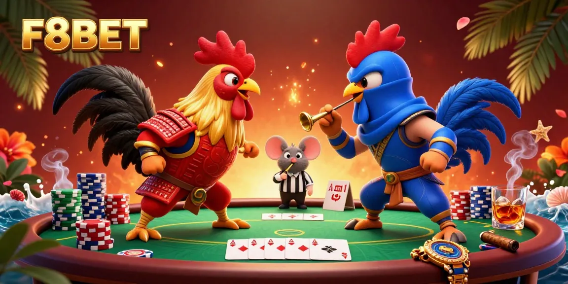 Engage in the thrilling action of F8BET with fighting roosters and vibrant poker elements.