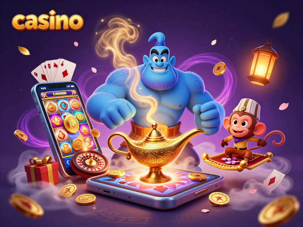 Experience vibrant casino action with a genie, monkey, and magical poker elements.
