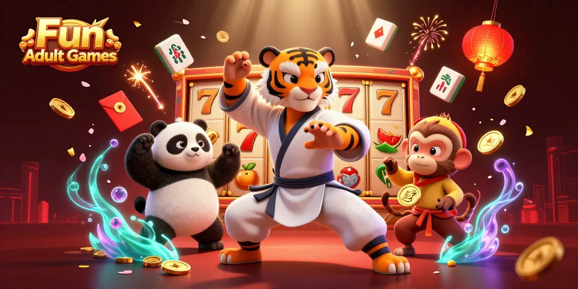 Engage with Fun Adult Games as a kung fu tiger master showcases skills amidst slot reels and colorful casino elements.