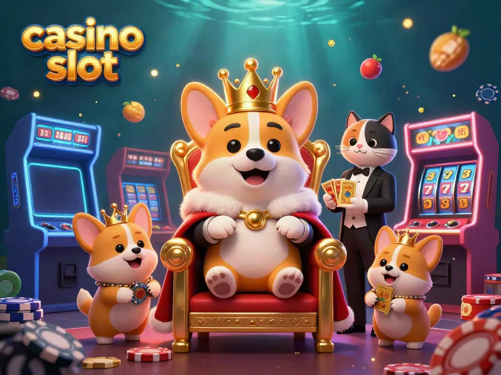 Engaging 3D casino slot scene with a royal corgi and vibrant gaming elements