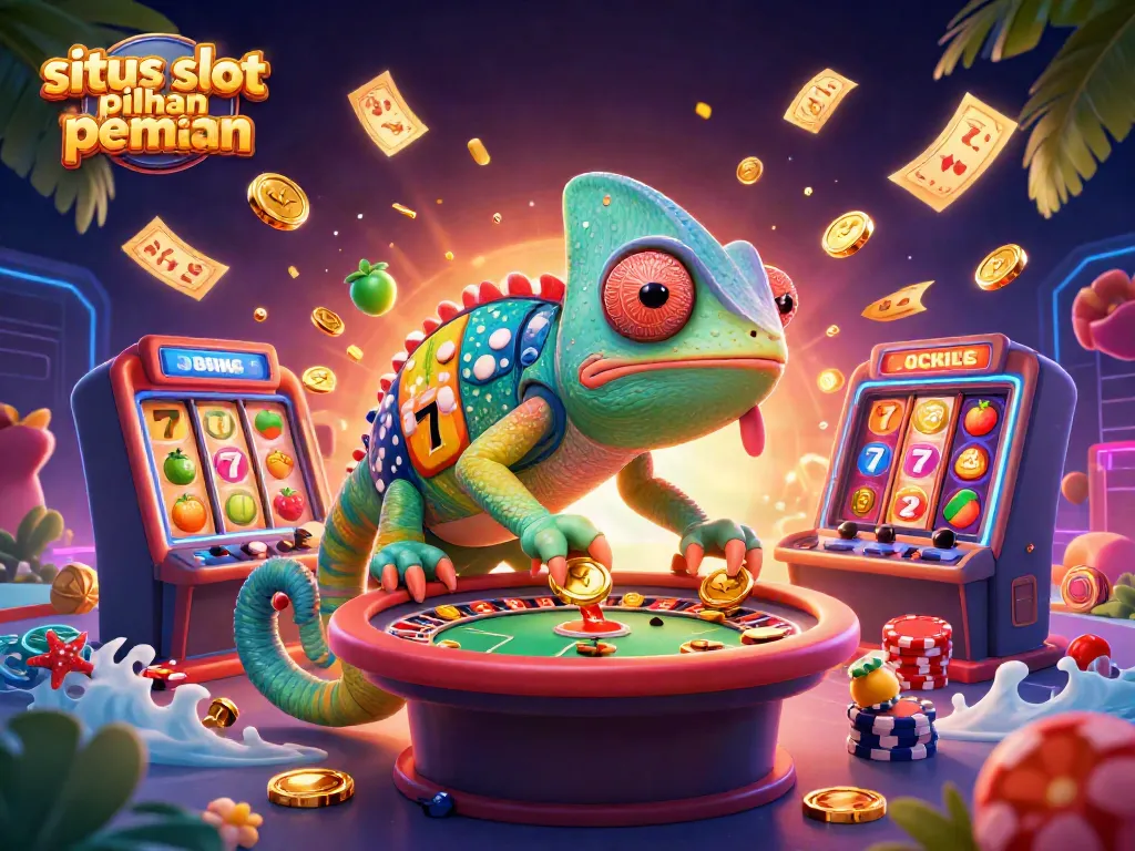 Ilustrasi 3D warna-warni menunjukkan pemilik kasino kadal chameleon besar dan simbol slot, menciptakan suasana situs slot pilihan pemain yang menarik.