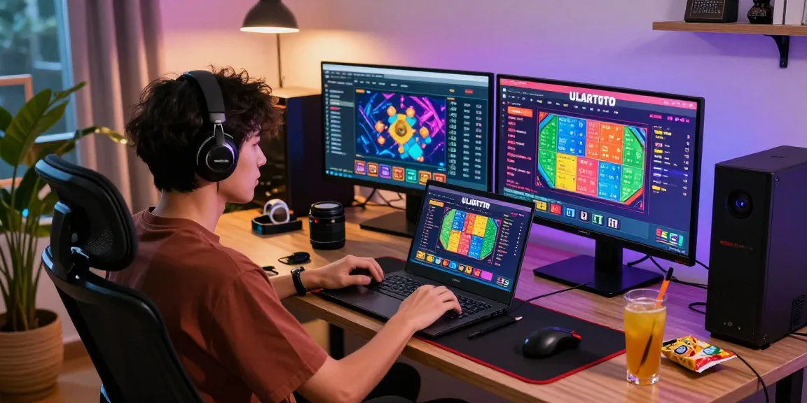 Engaged player enjoying ULARTOTO's online togel gaming in a vibrant home office.