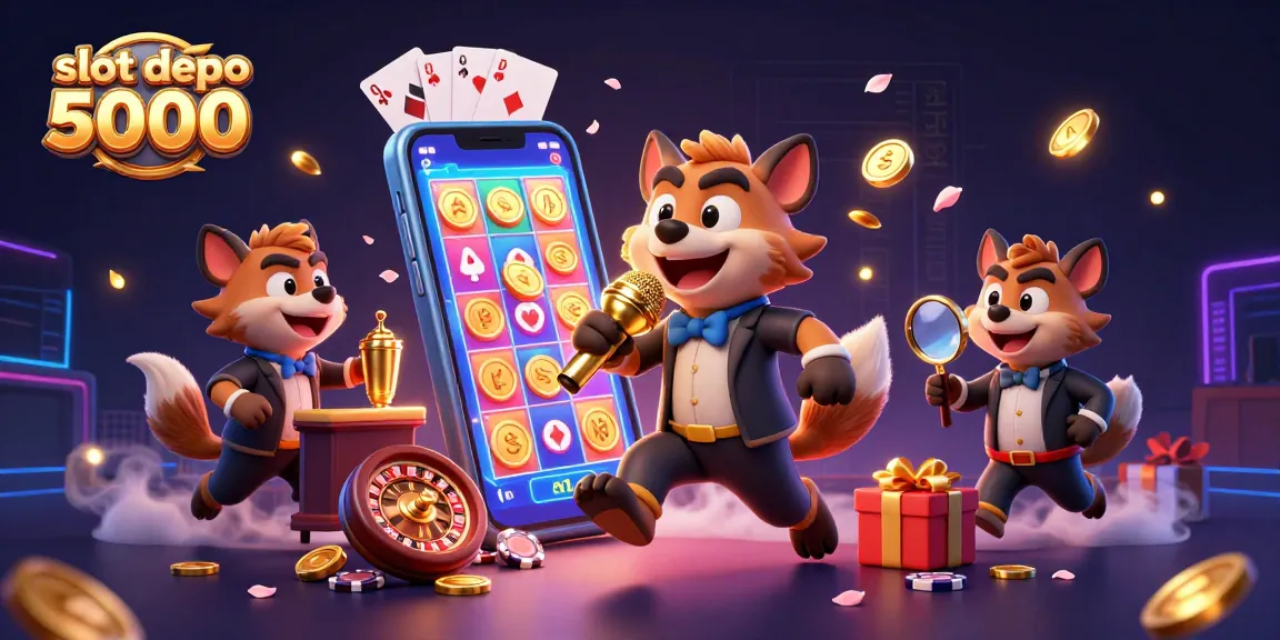 Engage with the slot depo 5000 casino scene featuring hyenas in a comedy club, riches, and vibrant gaming elements.