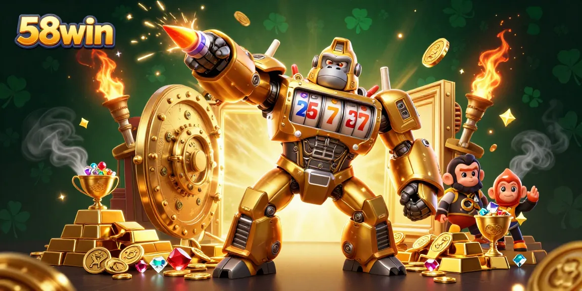 Experience thrilling gaming action with 58win as a golden gorilla mech battles for jackpots and treasures!