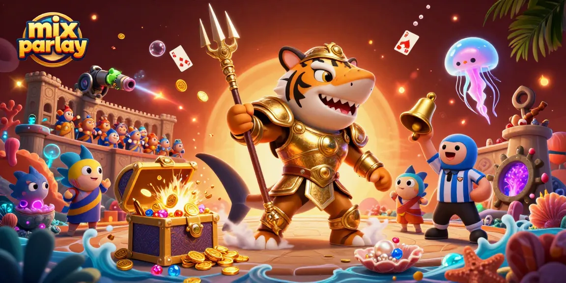 Engage in exciting mix parlay betting depicted by a fierce tiger shark and colorful marine elements.