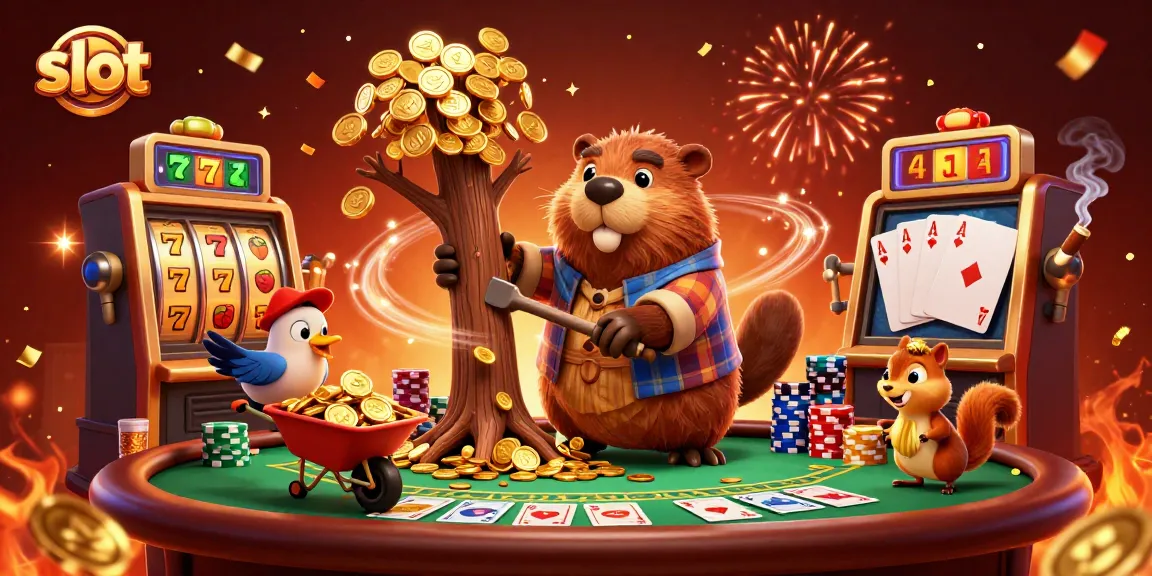 Kumpulan slot yang menarik dengan beaver dan teman-temannya mengumpulkan koin emas di dalam latar belakang kasino.